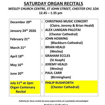 Poster For Wesley Saturday Organ Recitals Dec 2025