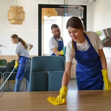 Professional cleaning service people working