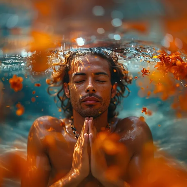 Man in a fantasy setting practicing yoga and mindful meditat