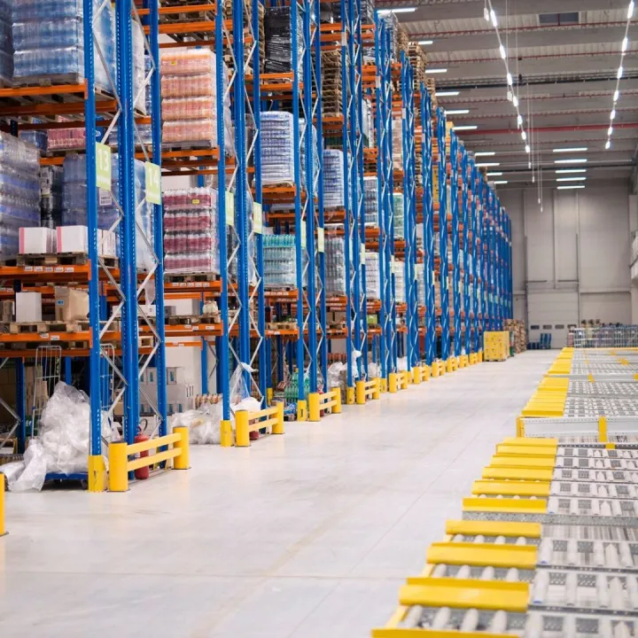 Warehouse storage interior with shelves loaded with goods