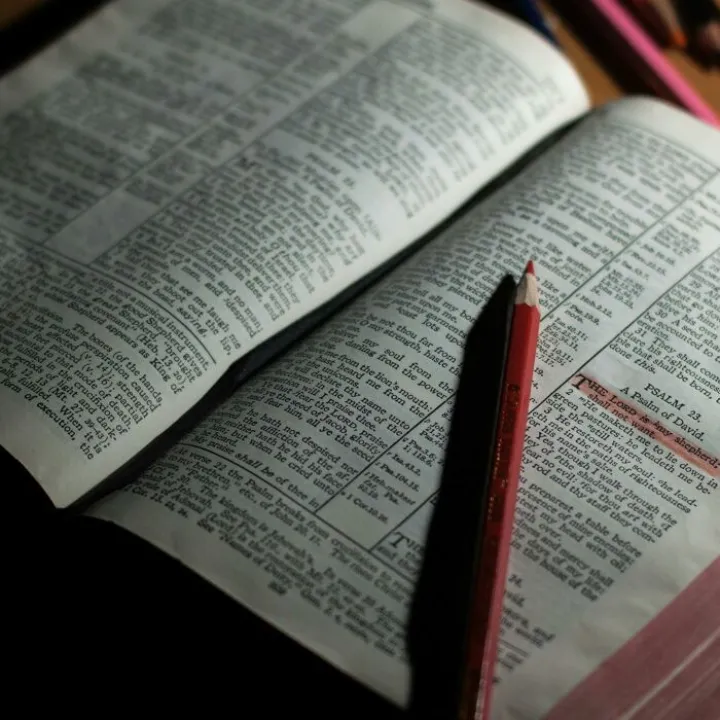 Pink Pencil on Open Bible Page and Pink