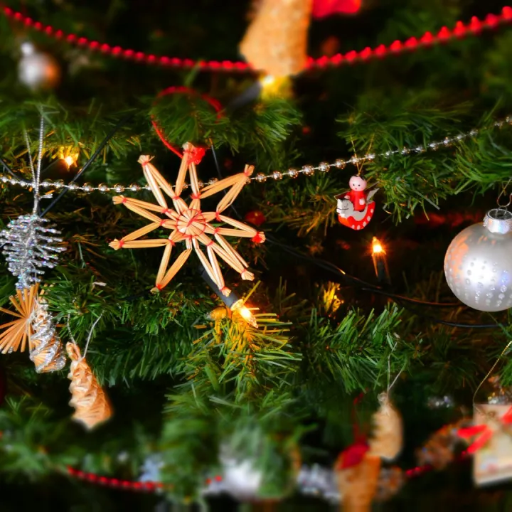 Close-up of a decorated Christmas tree with