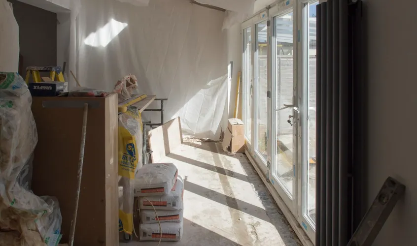 A construction area featuring renovation work in p