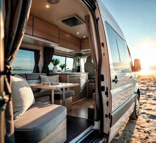 Cozy van interior prepared for camping
