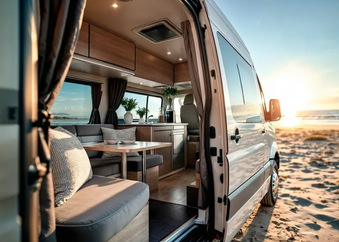 Cozy van interior prepared for camping