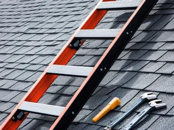 Ladder positioned on a sloped roof with a set of essential t