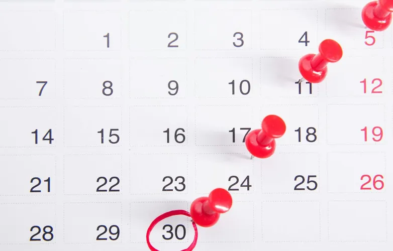 Close-up of a calendar with red push pins marking