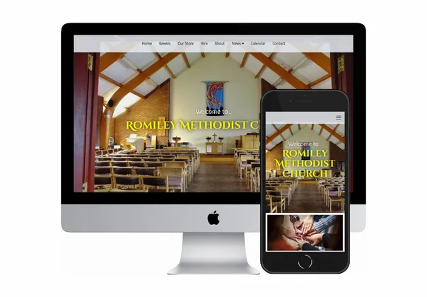 Desktop and mobile screenshots of the Romiley Methodist Church website