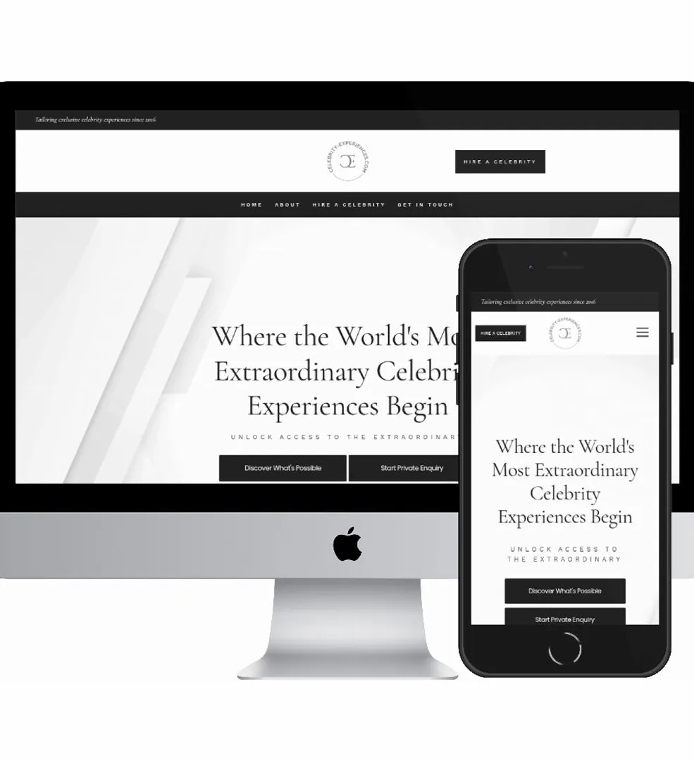 Desktop and mobile screenshots of the Celebrity Experiences website