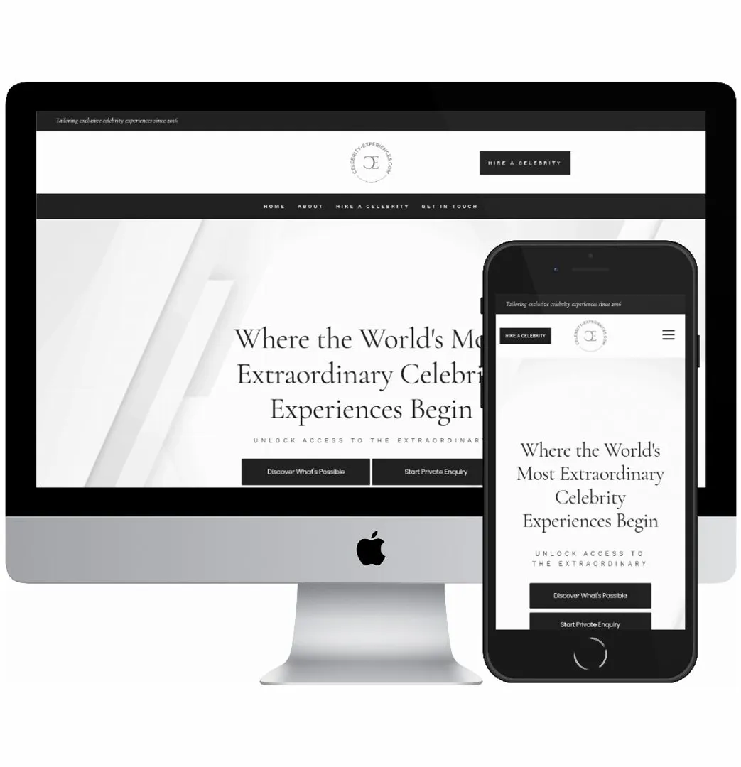Desktop and mobile screenshots of the Celebrity Experiences website