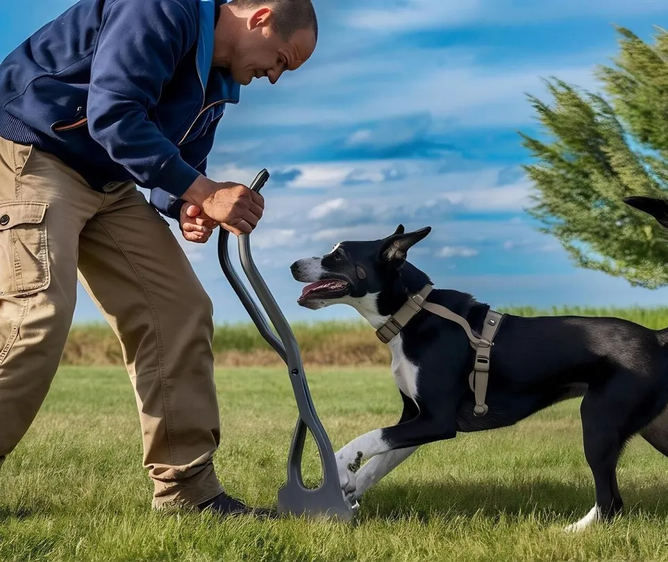 Dog trainer outdoors with his dog during a session