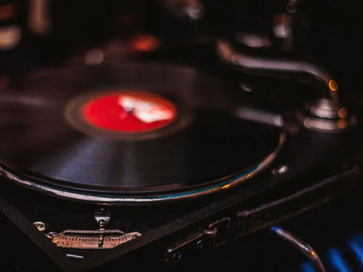 Detailed shot of a spinning vintage vinyl record