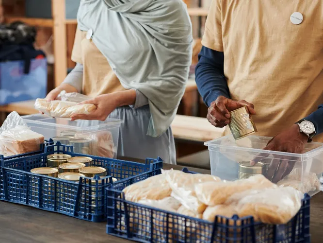 Adults sorting food donations in containers for