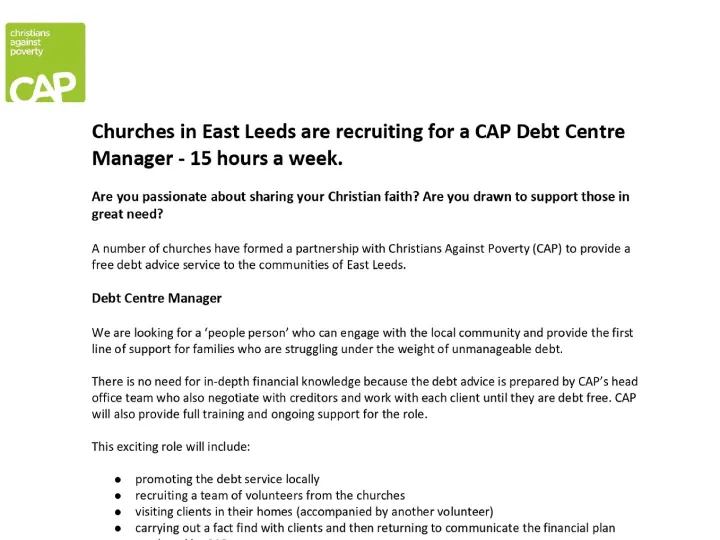 Job Ad – Debt Centre Manager East Leeds