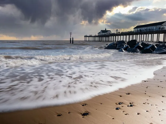 A pier and beach on the Suffolk coast under a wide sky