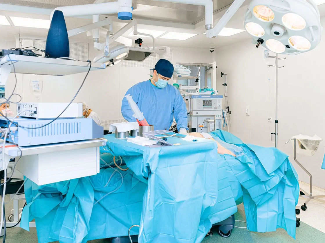 Fully draped operating theatre ready for surgery