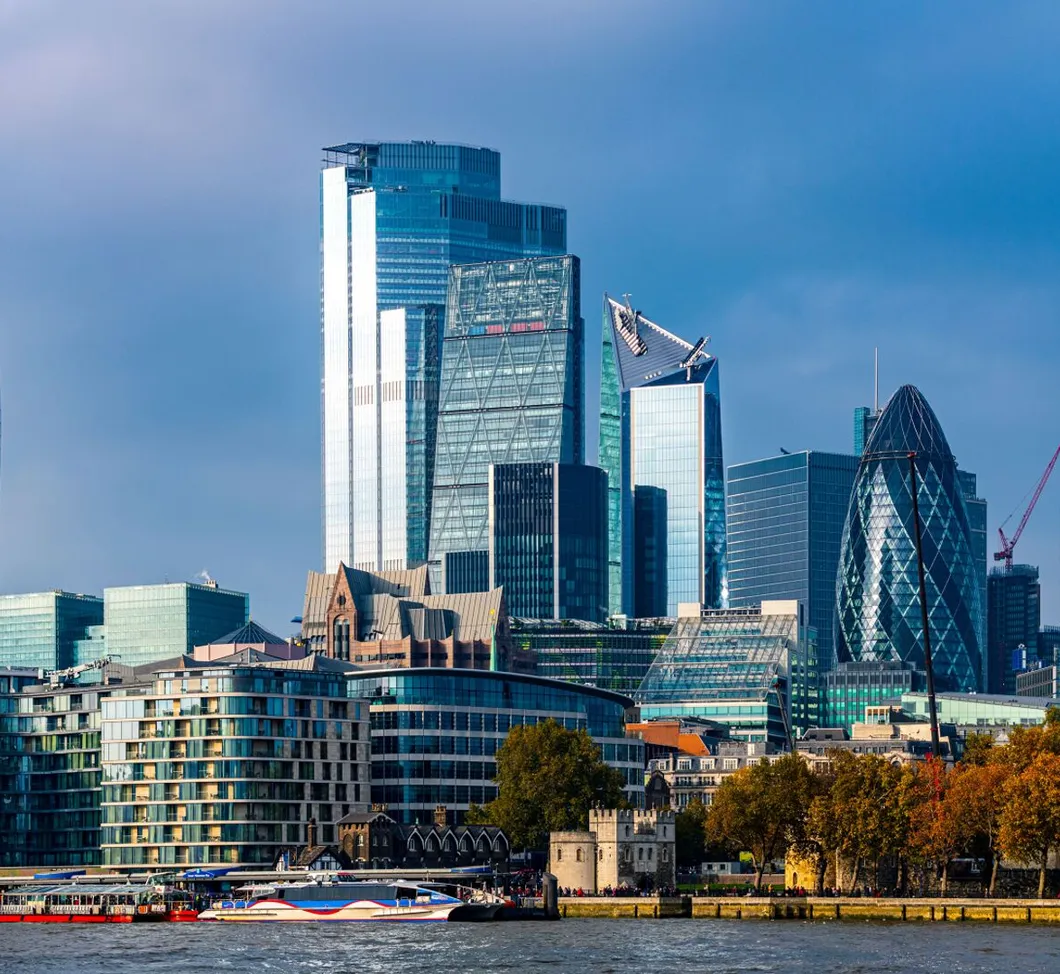 City of London skyline of commercial office towers seen across the Thames