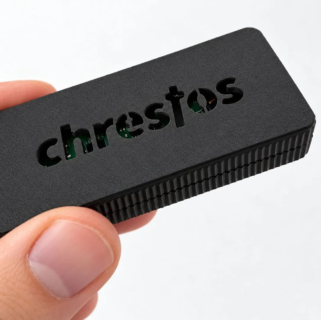 The Chrestos digital signage control unit, a small white box beside a 20p coin for scale