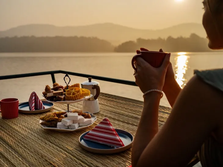 A guest taking tea on a boat on Wewela Lake at sunset at Peacock Hill Sigiriya