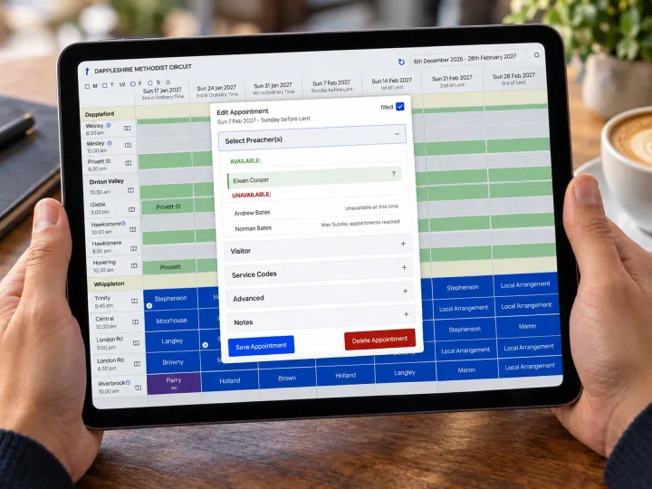 A Methodist preaching plan in Planmaker on a tablet, with the Edit Appointment panel open