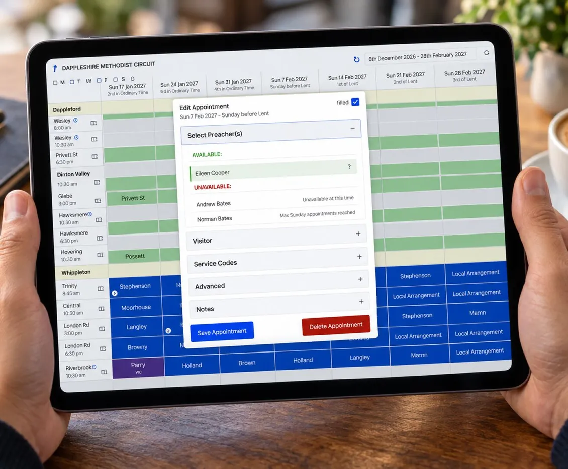 A Methodist preaching plan in Planmaker on a tablet, with the Edit Appointment panel open