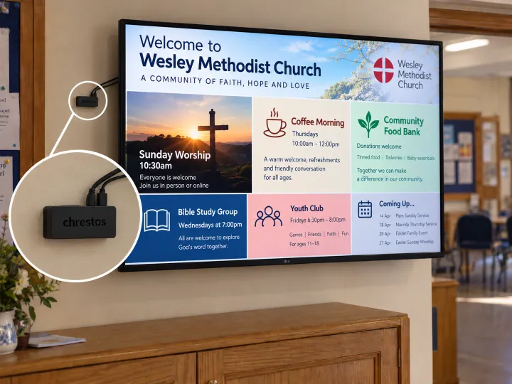 A church foyer screen showing a Chrestos digital signage slide, with the small Chrestos control unit mounted beside it