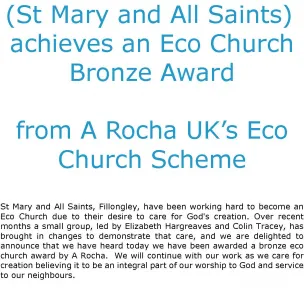 Eco Church Bronze Award for Fillongley