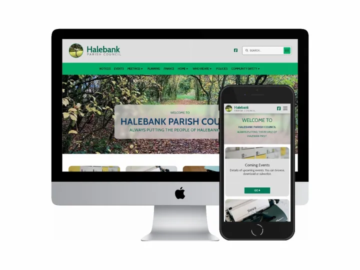 Desktop and mobile screenshots of the Halebank Parish Council website