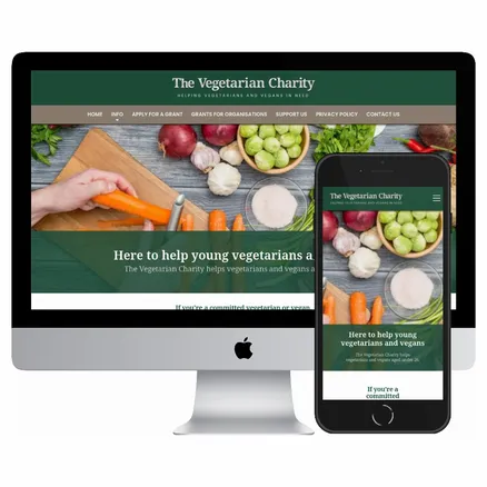 Desktop and mobile screenshots of the The Vegetarian Charity website