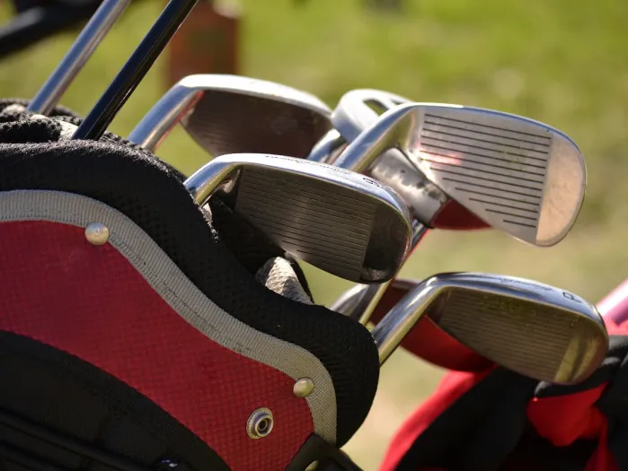 Golf clubs beside the fairway