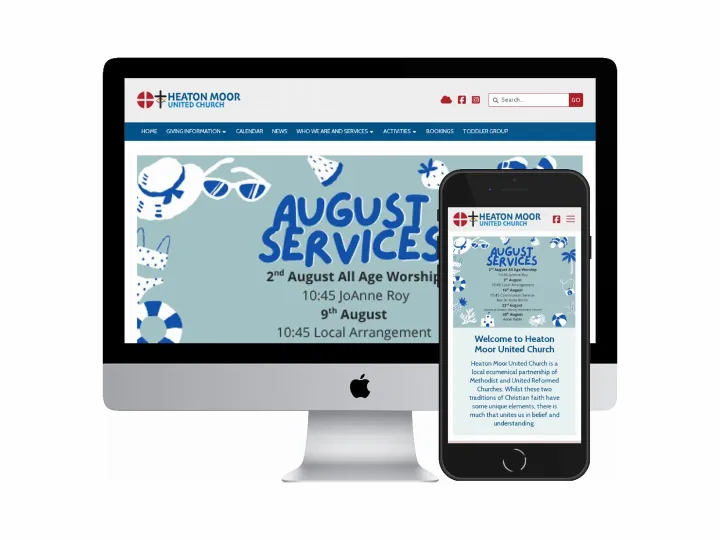 Desktop and mobile screenshots of the Heaton Moor United Church website