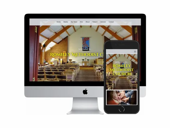 Desktop and mobile screenshots of the Romiley Methodist Church website