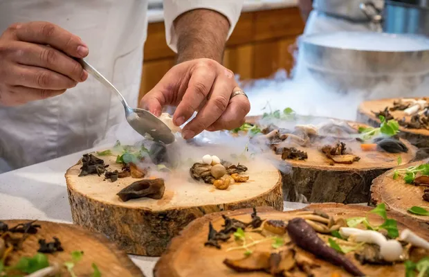 A chef artfully plating a gourmet dish with mushrooms and greens on wood slices.