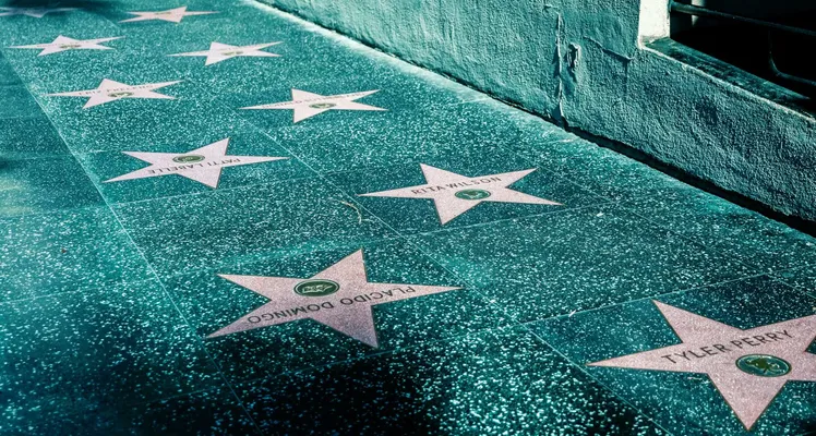 View of Hollywood Walk of Fame with stars on the sidewalk in Los Angeles, California.