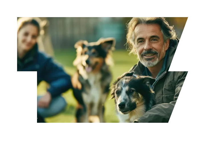 The focus picture of professional dog trainer with dog in ou