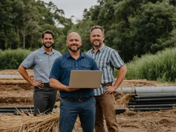 Man with laptop and two workers behind outdoors