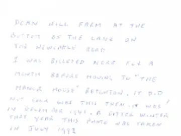 Annotation made by Jack Bowser on the back of photograph of Dean Hill Farm, Newcastle Road, Betchton