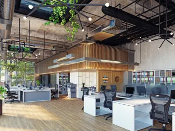 Open plan office with green and white lights