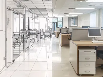 Drawing blueprint of office with desks