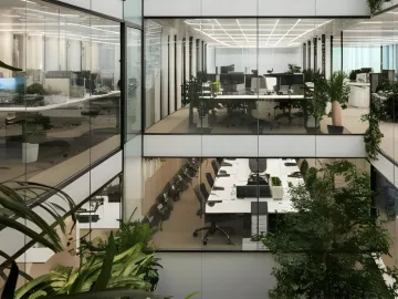 Office layouts with glass walls and plants