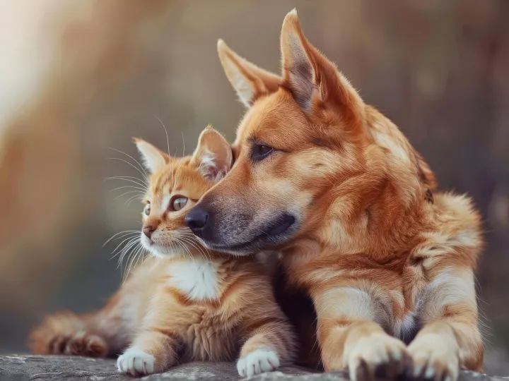 View of cats and dogs being friends