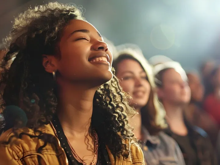 Diverse Friends Worshiping Together in a Modern Church with 