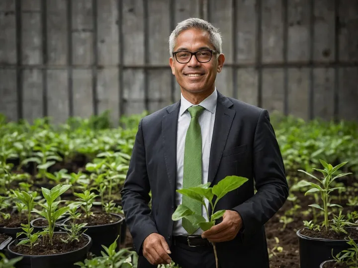 a man in a suit with a green tie holding a plant in his hand
