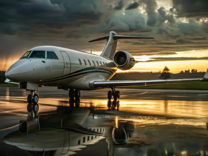 Business jet at the scenic sunset after the rain on the airp