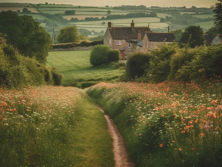 Tranquil meadow rustic fence wildflowers in bloom generated