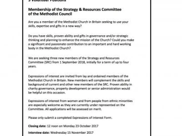 3 Volunteer Positions &ndash; Strategy & Resources Committee of the Methodist Council