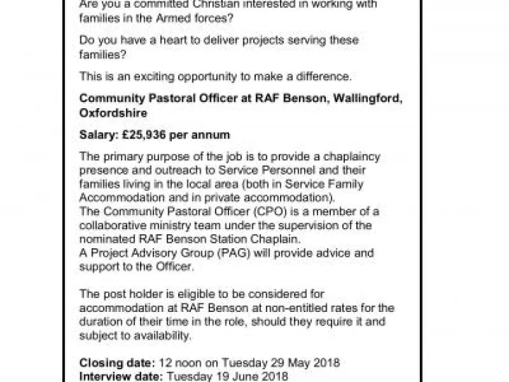 180509 RAF Benson Community Pastoral Officer Advert