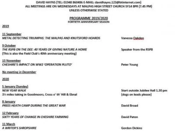 Field Club Programme 2019-2020