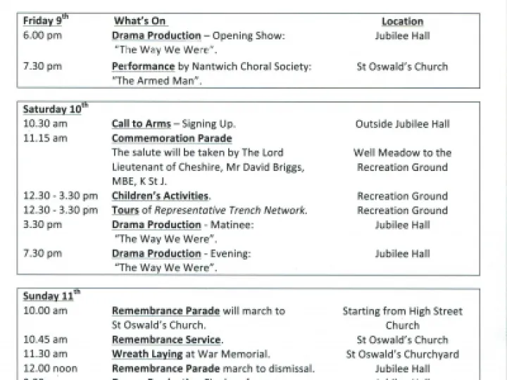 Weekend Programme – Malpas 100 Years On