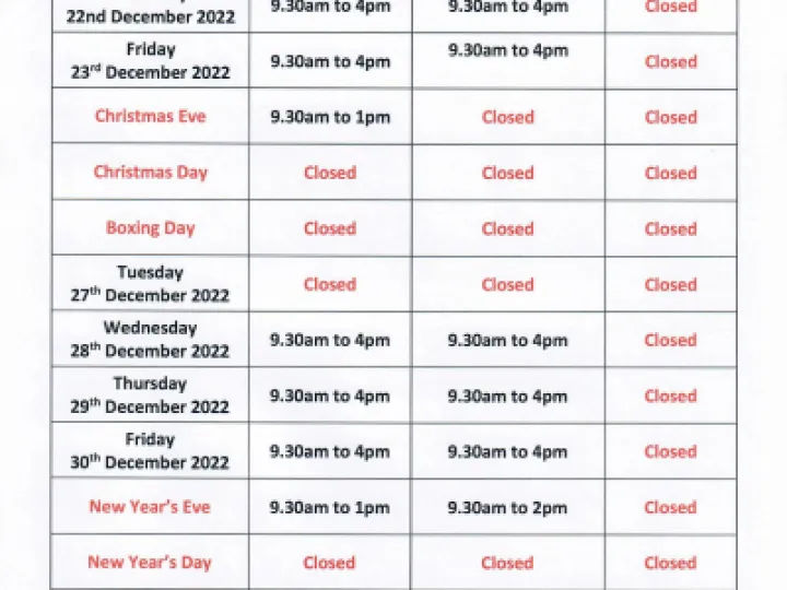 Christmas opening hours
